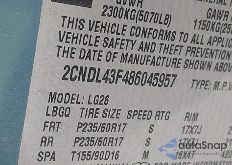 2008 Chevrolet Equinox Lt z USA, uszkodzony, nr VIN 2CNDL43F486045957
